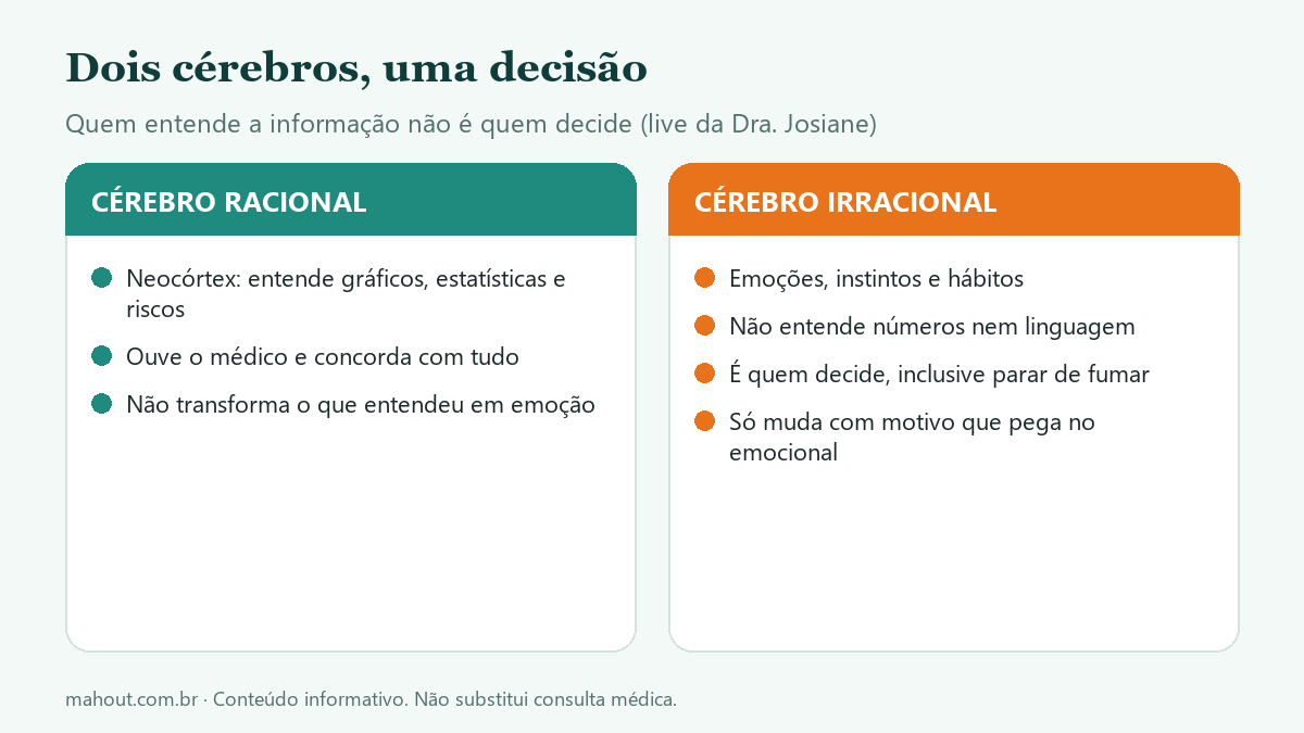 Infográfico: cérebro racional e cérebro irracional, quem recebe a informação e quem toma a decisão de parar de fumar